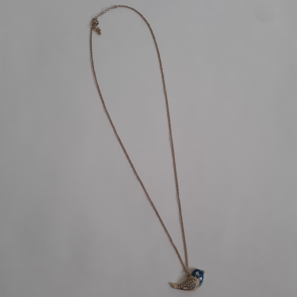 Blue and Cream Bird Necklace on a Long Gold Chain - Picture 2 of 3